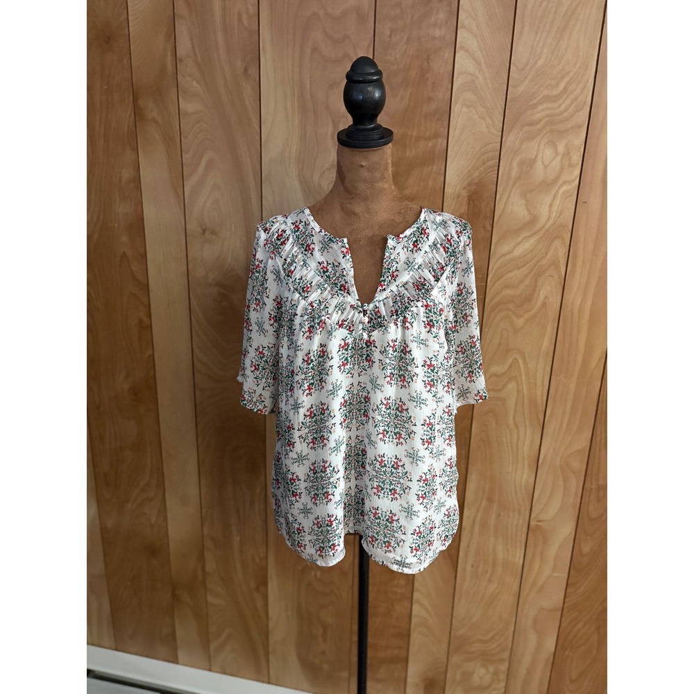 Loft Womens Small Floral Medallion Split Neck Ruffle Blouse White Red Green‎